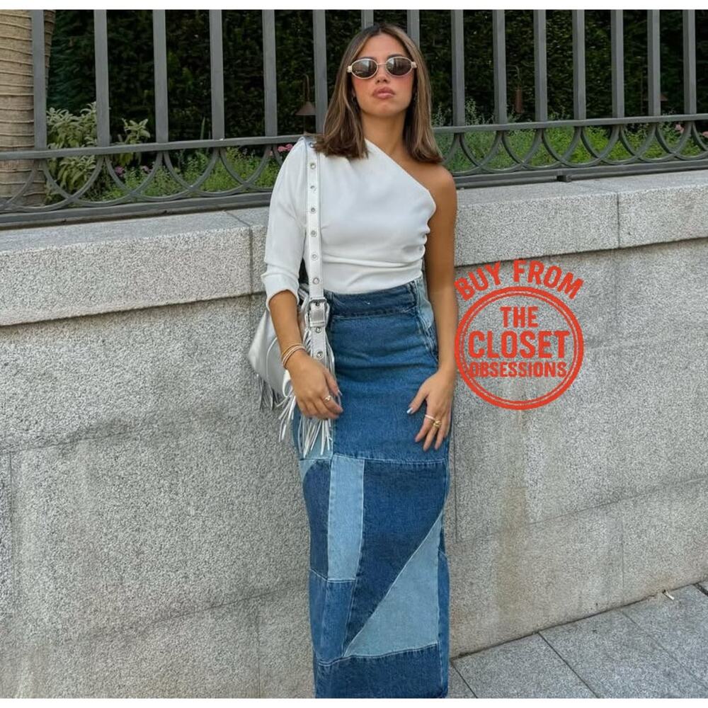 MANGO Patchwork Denim Midi Skirt NWT | Blue Cotton A-Line - Picture 4 of 16